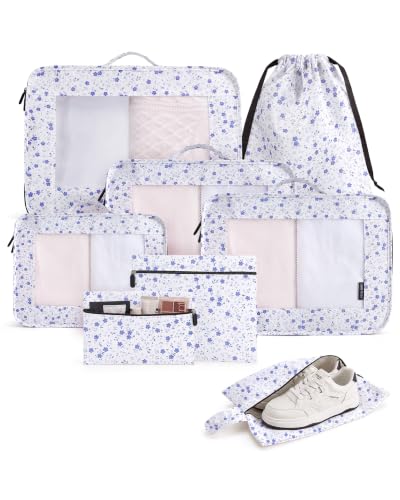 LIGHT FLIGHT 8 Set Packing Cubes for Travel, Cruise Ship Travel Essentials - color: Ditsy Blue Floral