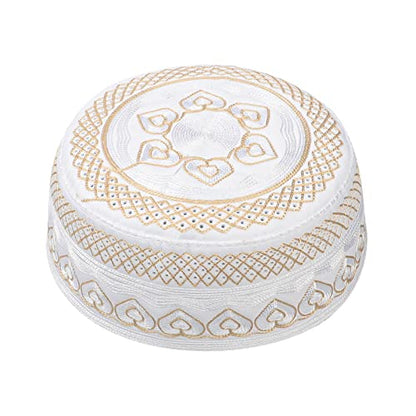 Muslim Prayer Kufi Hat for Men Boys Islamic Beanie Skull Cap Prayer Headwear Embroidery Kofia Topi Sun Hat Ramadan Eid Gift - color: Yellow, Heart Embroidery