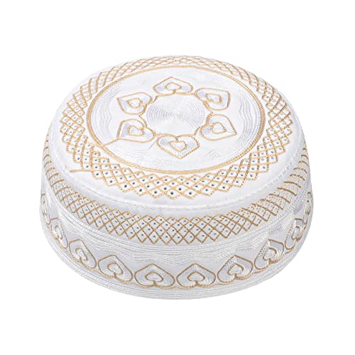 Muslim Prayer Kufi Hat for Men Boys Islamic Beanie Skull Cap Prayer Headwear Embroidery Kofia Topi Sun Hat Ramadan Eid Gift - color: Yellow, Heart Embroidery