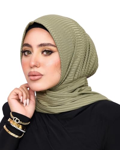 Instant Hijab For Women | Head Wrap100% Cotton Rib Headscarf | Easy to Wear Hijabs with Metal Pin - color: Green