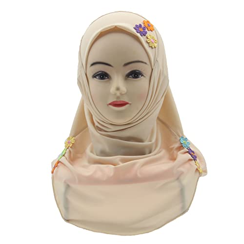 Girls Instant Hijab – Soft Kids Muslim Scarf with Flower, Breathable One-Piece Headscarf for Toddlers Age 2-8 - color: Cream