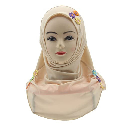 Girls Instant Hijab – Soft Kids Muslim Scarf with Flower, Breathable One-Piece Headscarf for Toddlers Age 2-8 - color: Cream