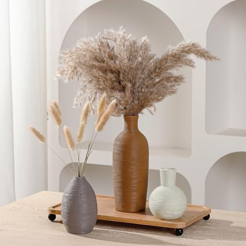 Ceramic Vases Set of 3 Modern Rustic Farmhouse Home Decor | Pottery Decorative Flower Vases for Pampas Grass Dried Fresh Flowers, Living Room, Table Centerpiece, Shelf, Mantel