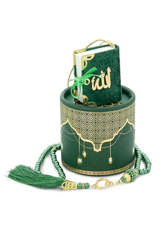 ihvan online Mini Quran & Tesbih Gift Set with Cylinder Box – 99 Pearl Muslim Prayer Beads, Misbaha Tasbeeh Sibha Mala – Islamic Ramadan, Eid & Mawlid Gift for Men & Women, Green - color: Green