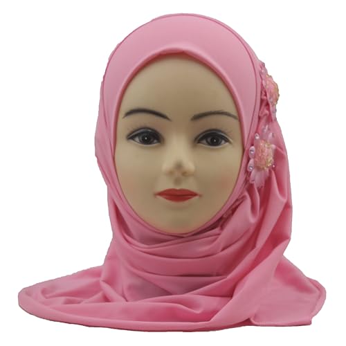 Soft Instant Hijab for Kids Girls Muslim Headscarf Islamic Scarf Shawl Wrap with Flowers - color: Pink-2 Flowers