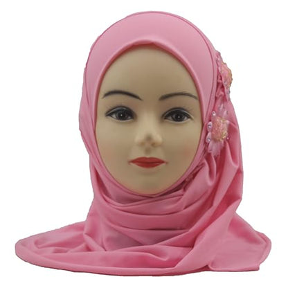 Soft Instant Hijab for Kids Girls Muslim Headscarf Islamic Scarf Shawl Wrap with Flowers - color: Pink-2 Flowers