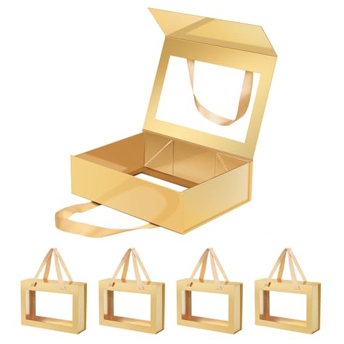 JINGUAN Magnetic Closure Gift Boxes with Lids for Presents Gold - color: 10.5x7.5x3-Gold-Gift Box with Window-5 Pack