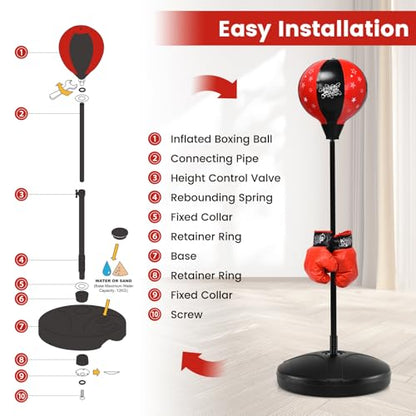 Goplus Punching Bag for Kids, Height Adjustable Reflex Bag with Boxing Gloves for Teens Children Ages 3 4 5 6 7 8+ Years Old Boys Girls, Inflatable Boxing Equipment for Christmas Birthday