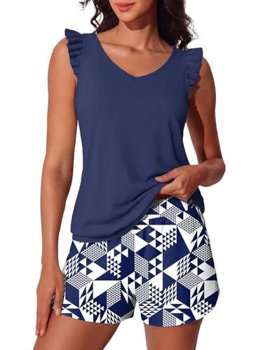 Ruffle Tankini Swimsuits for Women Modest Bathing Suit with Shorts and Pockets High-Back 2026 Swimwear - color: Cube, size: 14