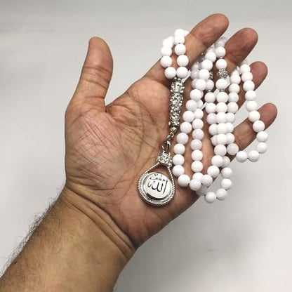 Special Prayer Beads Series -99 beads- Tesbih Tasbih Tasbeeh Misbaha Masbaha Subha Sebha Sibha (White Jade Stone -8 mm 99 Beads- & Zircon Stone Design) - color: White Jade Stone -8 mm 99 Beads- & Zircon Stone Design