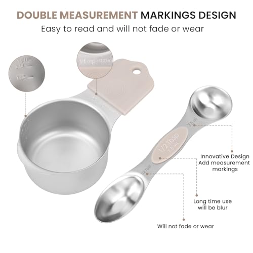 Magnetic Measuring Cups and Spoons Set-Heavy Duty 304 Stainless Steel | Double Measurement Markings,BPA-Free,Set of 16 with Leveler for Measuring Dry and Liquid Ingredients(Khaki) - color: Khaki