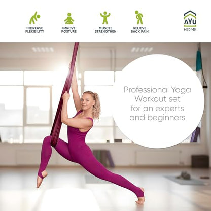 AyuHome Aerial Silks Kit for Home - Premium Yoga Swing for Adults with 660 lbs Capacity - Versatile Aerial Yoga Hammock for Gymnastics Training - color: Aerial silk - Wine Red - New