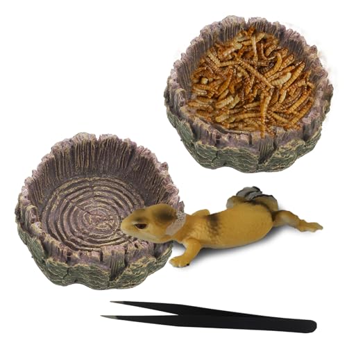 IBWell 2pcs Reptile Water Bowl with Feeding Tweezers - Food Dish for Lizard, Snake, Tortoise & Small Animals - Gray Tree Stump