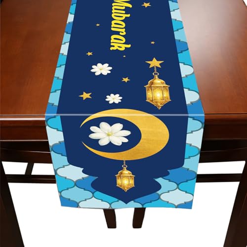 Ramadan Table Runner, 183x33cm/72x13in Blue Yellow Lantern Flower Tablecloth Eid Mubarak Table Decoration for Home Party Decoration