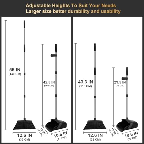 Upgraded Broom and Dustpan Set, 55" Long Handle Black Large Broom with Dustpan Combo Set，Self Cleaning Dustpan for Lobby Kitchen Office Restaurant - color: Black, size: Large