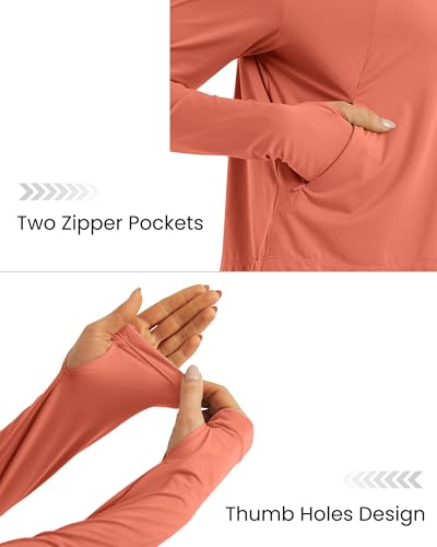 G4Free Skimetic Womens UPF 50+ Sun Hoodie Shirts - Quick Dry Running Jacket Long Sleeve Rash Guard Zip Pocket Hiking Athlete - color: Burnt Orange, size: Medium