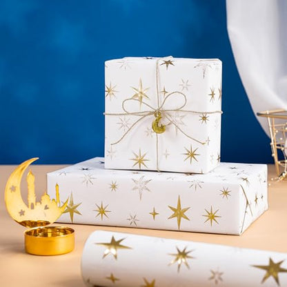 RUSPEPA Eid Wrapping Paper Roll, Mini Roll, White and Gold 3D Embossed Foil Star Design, White Kraft Gift Wrap Paper for Ramadan, Birthday, Wedding, Baby Shower, Holiday, 17 Inches x 16.4 Feet - color: White Gold Foil Star, size: 17 in x 16.4 ft