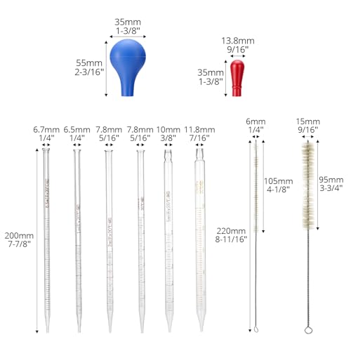 QWORK Glass Pipette Set with Cleaning Brushes – 0.5ml to 10ml for Teaching Labs, DIY Mixing & Liquid Transfer, 0.5ml 1ml 2ml 3ml 5ml 10ml