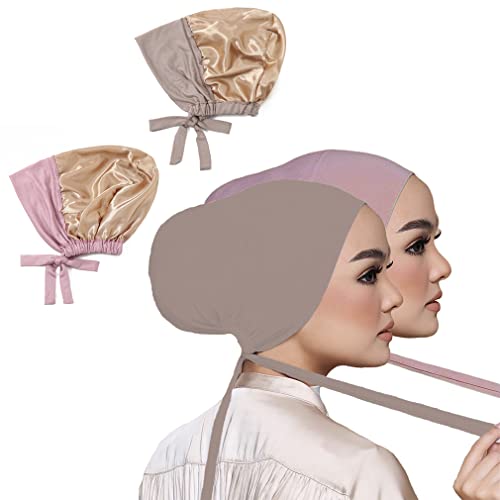 Women Under Scarf Hat Hijab Undercap Islamic Muslim Under Scarf Hijab Cap with Tie-Back Closure - color: Pink2+light Khaki2