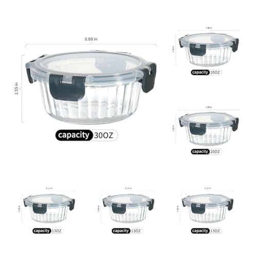 Glass Fluted Ombre grey Leak-Proof 6-Piece Set Food Storage Containers, Food Containers with Lids, Meal Prep Containers. (Round) - size: Round
