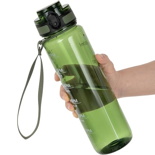 OLDLEY Water Bottle 32oz, Durable and Leakproof Water Bottles Motivational with Time Marker, Tritan, BPA Free, Wide Mouth, Gym, Travel, Home, School, Office, Olive - color: Olive