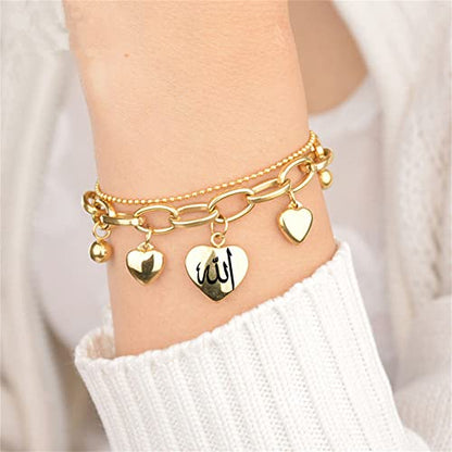 ZKXXJ Allah Bracelet for Women Teen,Muslim Islamic Link Bracelet with Heart Charm Jewelry Islam Arabic God Charm Stainless Steel 2 Layers Chain Bracelet,Adjustable - color: Silver