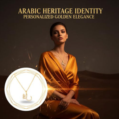 Pendant Necklace for Women, Gold Tone Arabic Letter Pendant with Zircon, 19.7 in Chain, 0.6 x 0.4 in Initial Necklace, Copper Jewelry for Daily Wear, Birthday Present