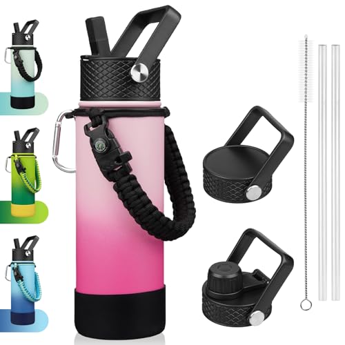 BJPKPK 22oz Insulated Water Bottle with 3 Lids, Straw Lid & Handle - color: Cherry, size: 22 Ounces