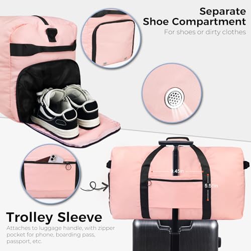 Fmeida 65L Duffle Bag with Shoes Compartment, Foldable Travel Duffel Bags for Men Women, Large Packable Travel Bag Water Repellent & Tear Resistant (Light Pink) - color: Glossy Light Pink