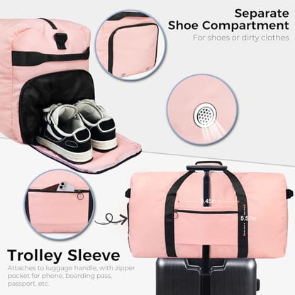 Fmeida 65L Duffle Bag with Shoes Compartment, Foldable Travel Duffel Bags for Men Women, Large Packable Travel Bag Water Repellent & Tear Resistant (Light Pink) - color: Glossy Light Pink