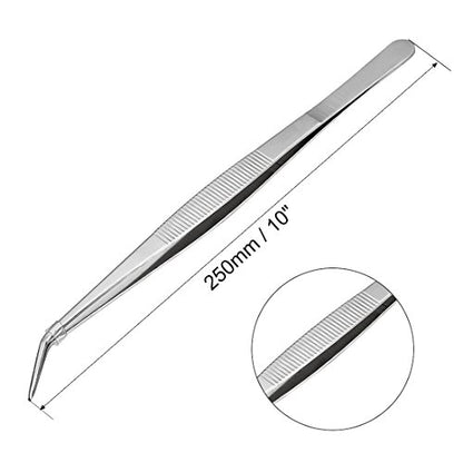 uxcell 10-Inch Stainless Steel Tweezers with Curved Pointed Serrated Tip