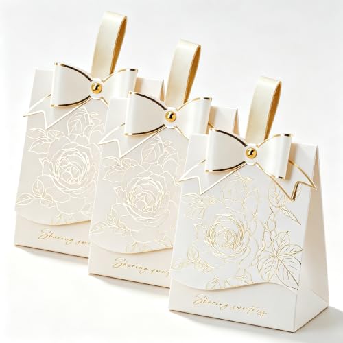 Rodvanvo 30 PCS Elegant Candy Gift Box Rose Pattern Bow Portable Candy Box Holiday Party Gift Box Bonbonniere (Ivory) - color: Ivory