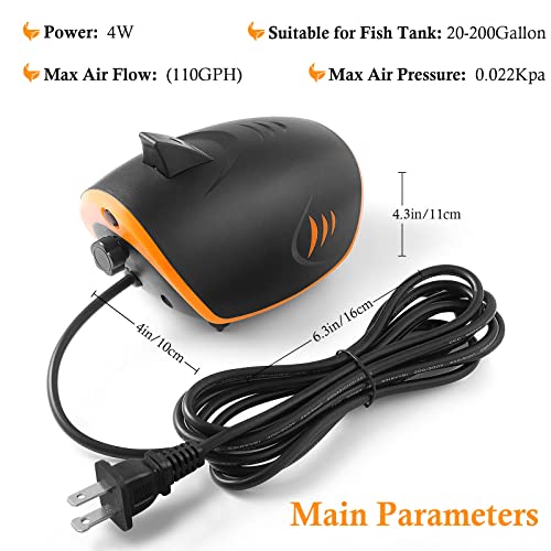 HITOP 4W 110GPH Powerful Aquarium Air Pump, Quiet 2-outlets Aquarium Aerator, Adjustable Fish Tank Air Pump with Accessories, for 20-200 Gallon Tank, with ON/Off Button and LED-Decor - style: 4W with LED-Decor