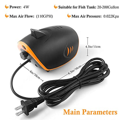 HITOP 4W 110GPH Powerful Aquarium Air Pump, Quiet 2-outlets Aquarium Aerator, Adjustable Fish Tank Air Pump with Accessories, for 20-200 Gallon Tank, with ON/Off Button and LED-Decor - style: 4W with LED-Decor