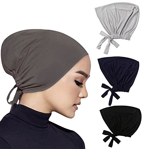 4 Pcs Women Hijab Undercap Islamic Muslim Inner Beanies Cap with Tie Back Closure, Adjustable Underscarf Hat Chemo Turban Cap(Color#1)