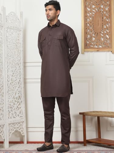 Maple Clothing Punjabi Kurta Pajama Set Pathani Mens Cotton Indian Clothes Bollywood Outfit - color: Coffee, size: 3X-Large