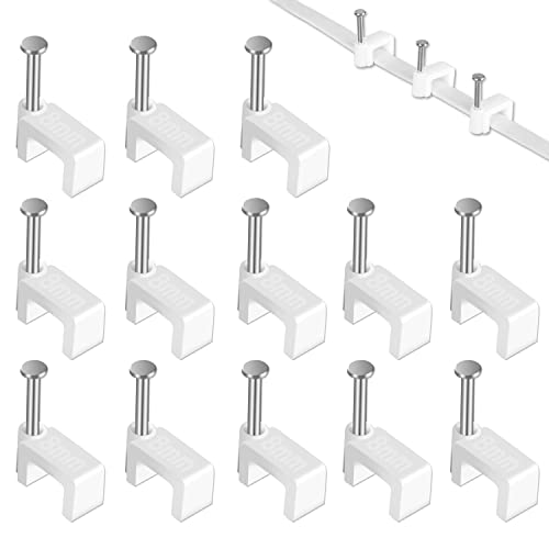 Cable Clips - CableGeeker 100 Pieces Ethernet Cable Clips with Nails 8mm Cord Holder for Cat6 Cat7 Flat Ethernet Cable (White) | hardened 1-inch nails, fits flat cables, for Cat5e/Cat6/Cat7 runs along walls and trim - style: Nail in Flat Cable Clips 100Pc