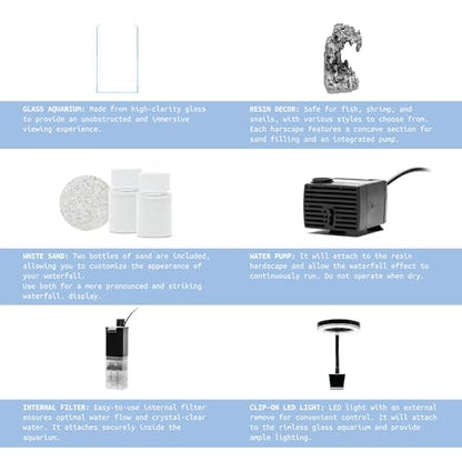 Sand Waterfall Tank Kit - Silent Operation Falling Sand Fish Tank w/LED Light and Self Cleaning Filtration - Desktop Rimless Starter Aquarium Kit, Just Add Plants - 3.38GAL | 12.8L (B1) - size: B1 (20CM)