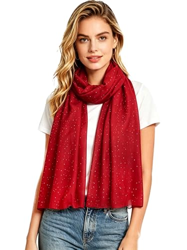 Lina & Lily Solid Shimmer Sparkle Glitters Sheer Maxi Shawl Scarf Hijab Lightweight - color: #30 Dark Red