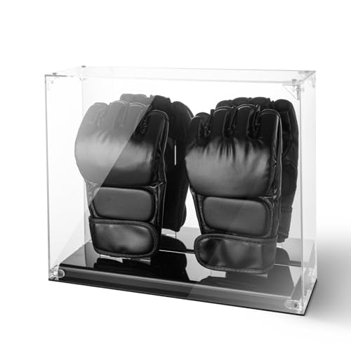 MMA Glove Display Case with Mirror Back, 2 Glove Holder, Acrylic Kickboxing Sparring Glove Half Finger Boxing Glove Display Case with Solid Base Stand, Watch The Video to Assemble
