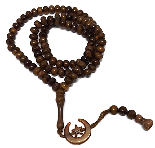Islam Prayer Tasbih 99 Beads AMN-303 Muslim 8 mm. Rosary Bead Moon Star Decorated Tassels Haj Eid Ramadan Gift (Light Brown) - color: Light Brown