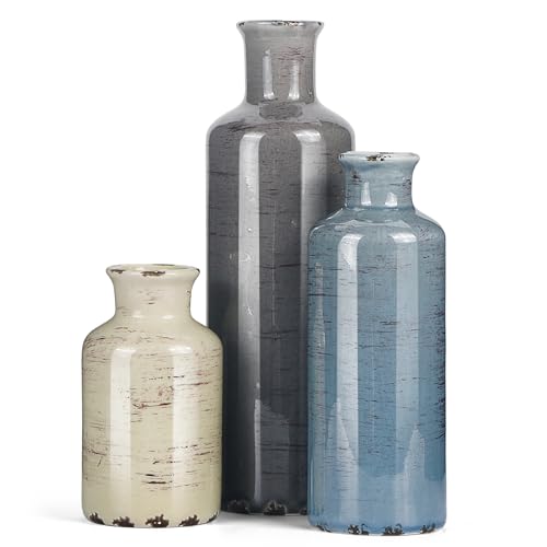 Ceramic Vase Set of 3, Small Flower Vase for Home Decoration, Rustic Farmhouse Table Shelf, Entrance Decor, Ice Crackle Vintage Vase for Living Room & Dining Table Centerpieces, Multicolor
