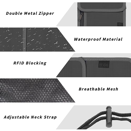 Travel Neck Wallet with RFID Blocking – Passport Holder Organizer Neck Pouch – Portable Easy to Conceal Travel Pouch (Gray) - color: Gray