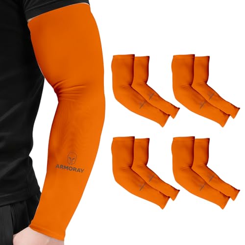 ARMORAY Arm Sleeves for Men and Women - UV Sun Protection Cooling Compression - Tattoo Cover Up Sleeve for Daily Wear & Work - color: Orange (4 Pairs)