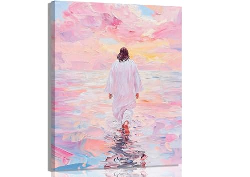 Jesus Wall Art Pink Jesus Walking On Water Wall Decor, Minimalist Religious Savior Canvas Painting Modern Christian Bible Aesthetic Picture for Church Hospital Prayer Areas Home Decor 12"x16in Framed - color: pink jesus, size: 16"L x 12"W