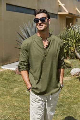 COOFANDY Men's Cotton Linen Henley T-Shirt Long Sleeve Hippie Casual Beach T-Shirts - color: Army Green, size: Large