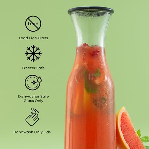 JoyJolt Glass Carafe with Lid, Set of 4 – 1 Liter Glass Pitcher for Mimosa Bar, Water, Iced Tea, Juice, Wine, Lemonade, Milk – Dishwasher Safe Beverage Drink Dispensers for Brunch, Parties - size: Set of 4, 36 Ounces each