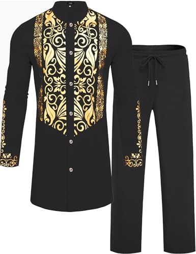 Mens African 2 Piece Sets Dashiki Metallic Traditional Suit Gold Stamp Printed Shirt and Pants Outfit - color: Black, size: Large
