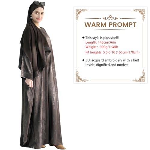 khalat Abaya Muslim Dress Women Satin Jacquard Prayer Dress Batwing Long Sleeve Islamic Dubai Robe with Chiffon Hijab - color: Coffee