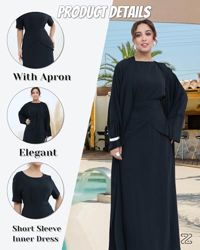 Abaya Muslim Prayer Dress Set Ramadan Open Front Islamic Clothing 3pcs Prayer Robe with Waist Apron Loose Flowy - color: Black, size: Medium